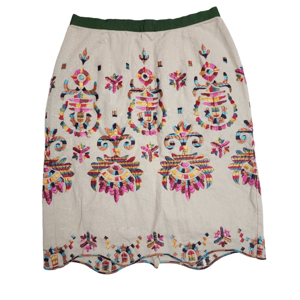 Corey Lynn Calter Mini Linen Pencil Skirt Multicolor Embroidered Bohemian Lined